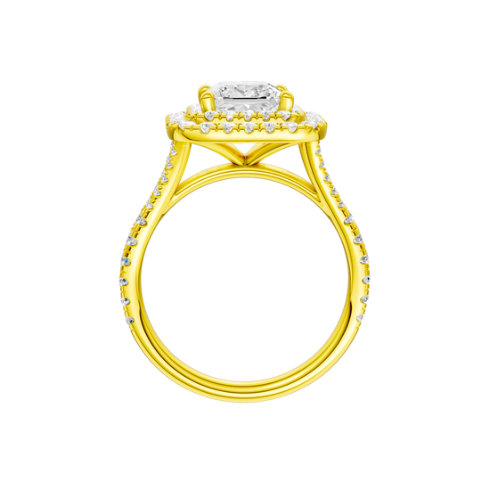 A profile view of the Princess cut diamond engagement ring in 14k yellow gold with a prong band and cathedral setting