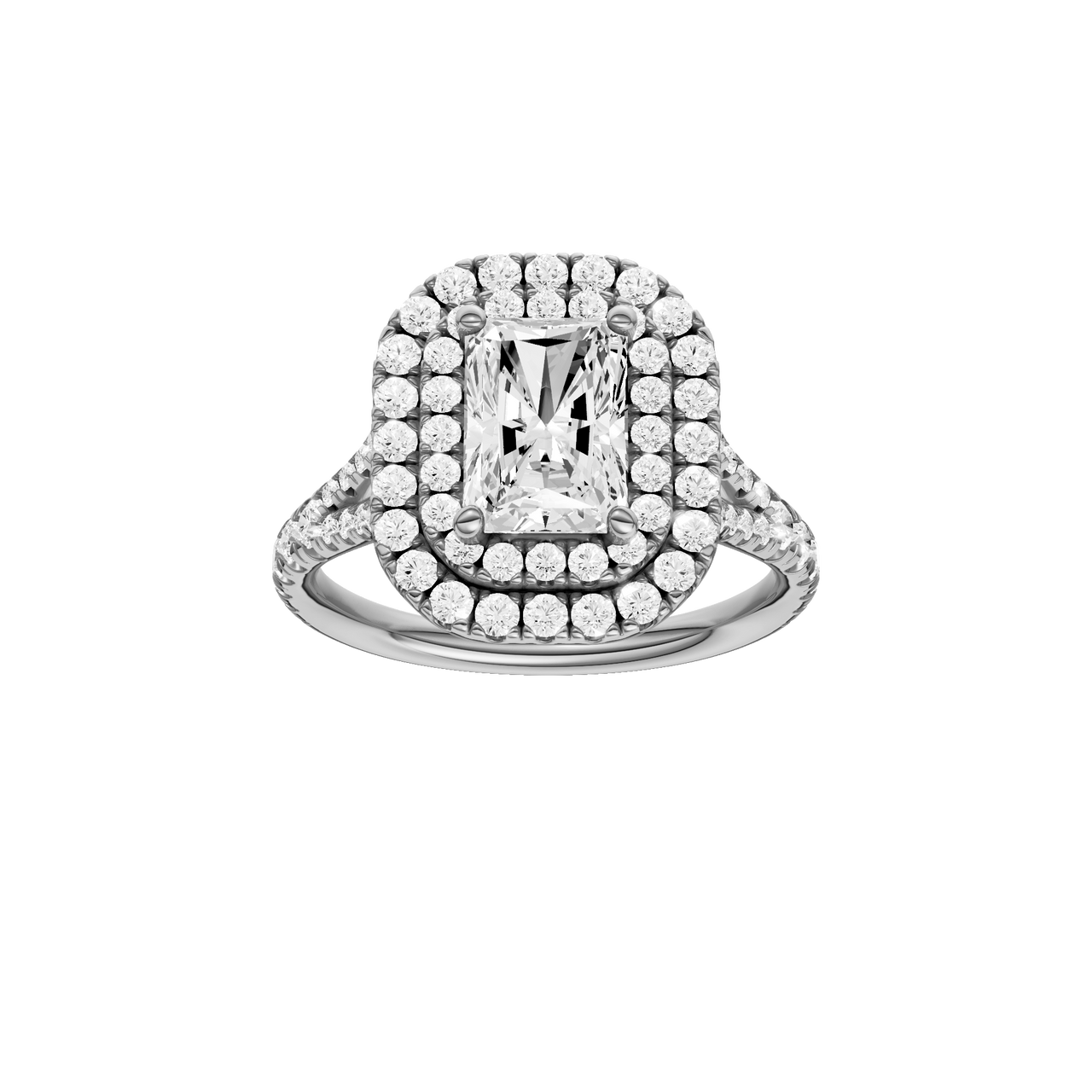 A front view of the Radiant cut diamond engagement ring in platinum with a prong diamond band and split setting