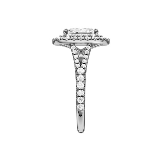 A side view of the Radiant cut diamond engagement ring in platinum with a prong diamond band and split setting