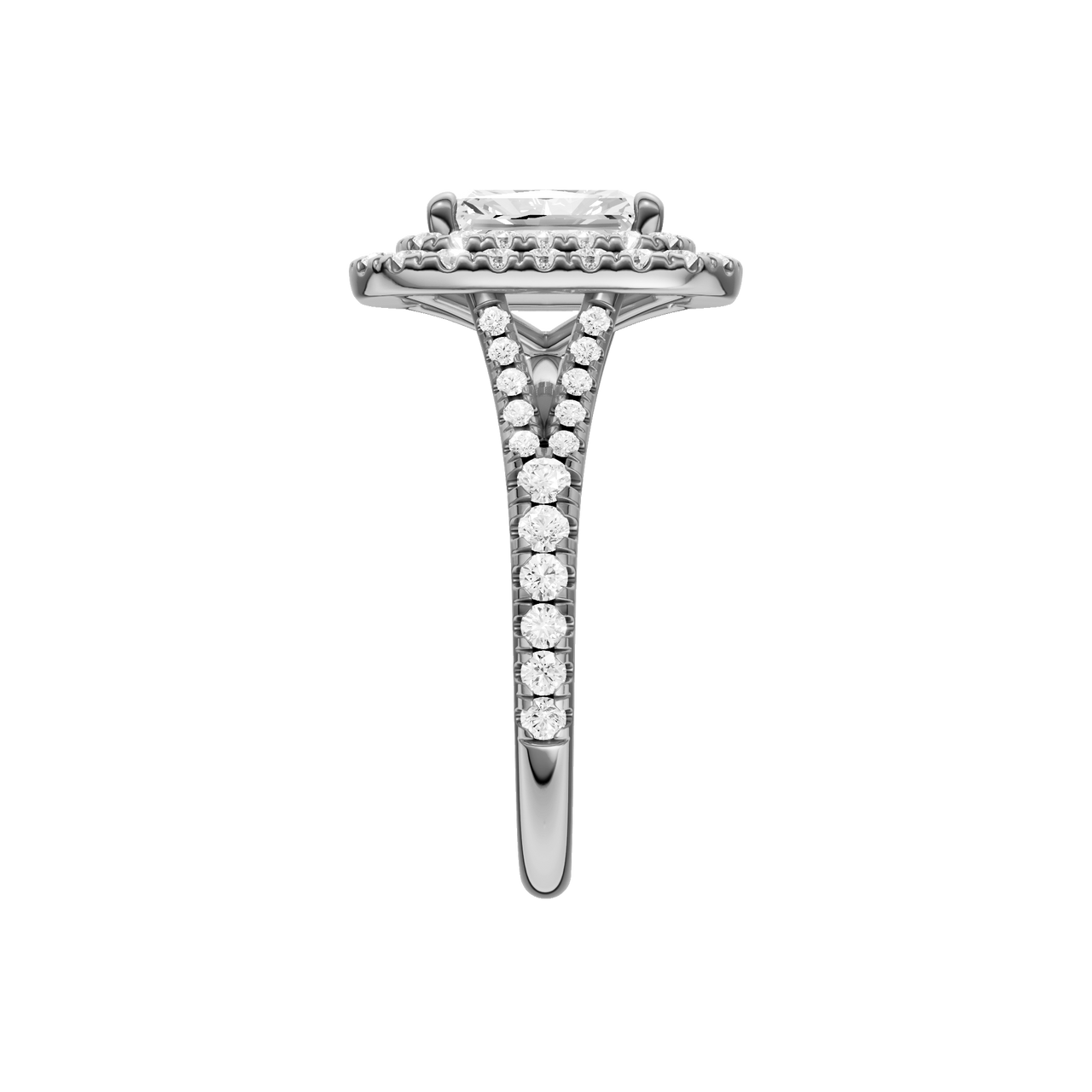 A side view of the Radiant cut diamond engagement ring in 14k white gold with a prong diamond band and split setting