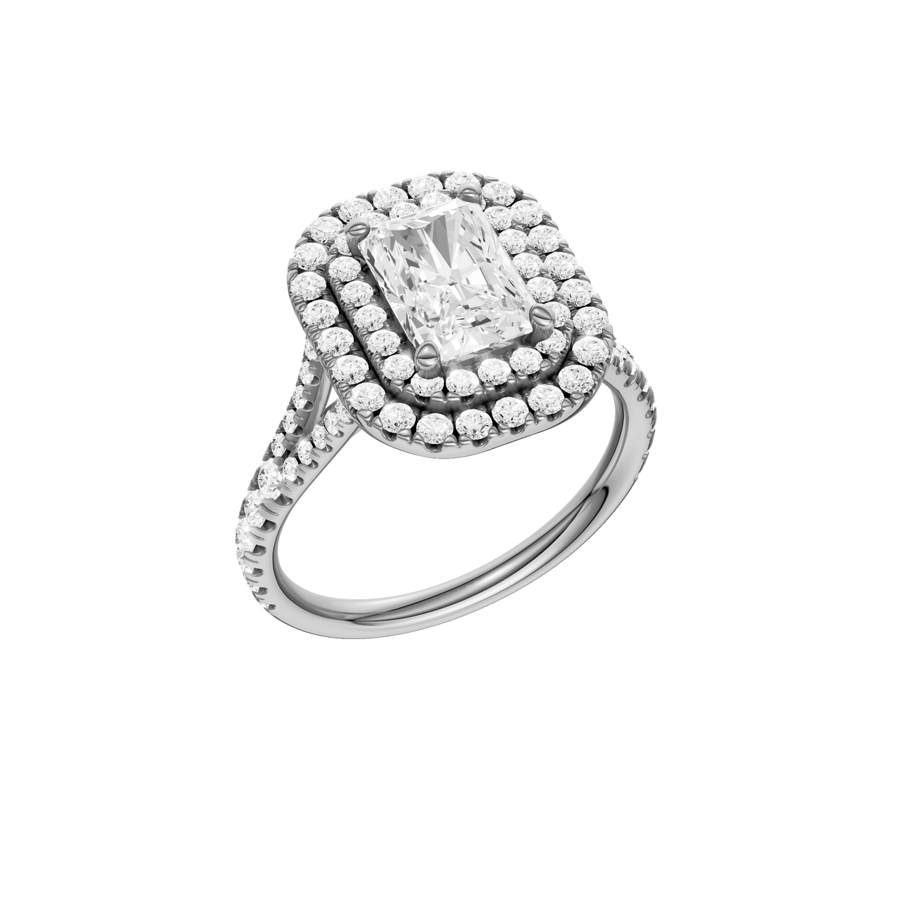 A three-quarter view of the Radiant cut diamond engagement ring in platinum with a prong diamond band and split setting