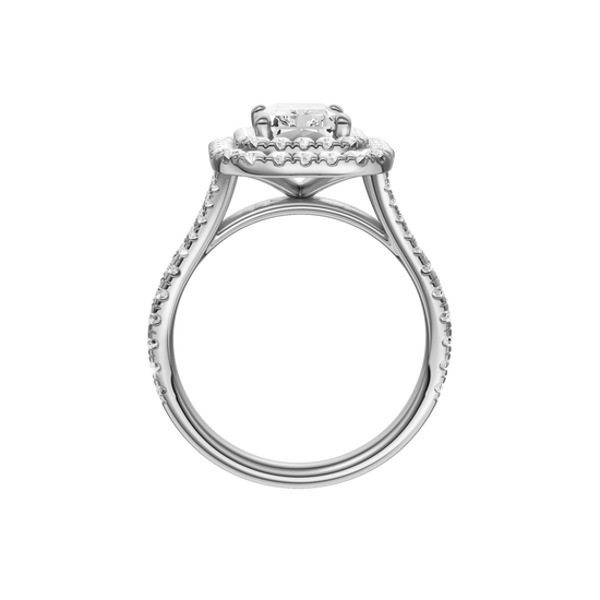 A profile view of the Radiant cut diamond engagement ring in platinum with a prong diamond band and split setting