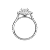 A profile view of the Radiant cut diamond engagement ring in platinum with a prong diamond band and split setting