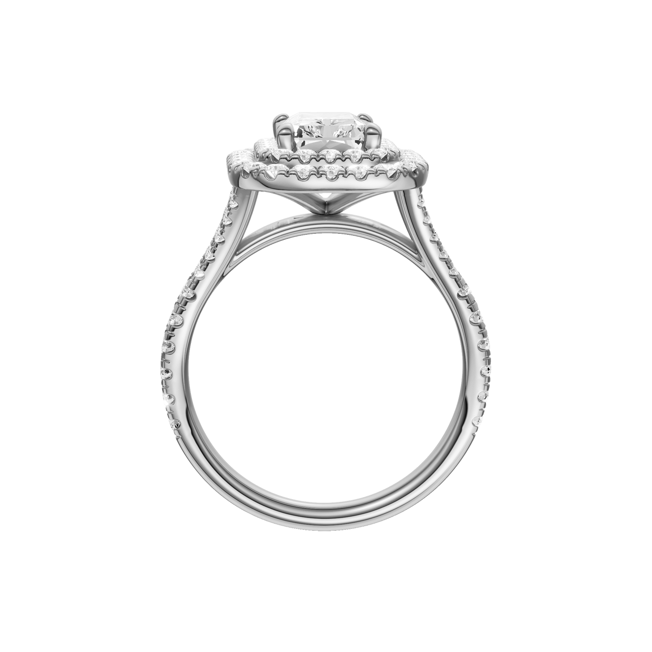 A profile view of the Radiant cut diamond engagement ring in platinum with a prong diamond band and split setting