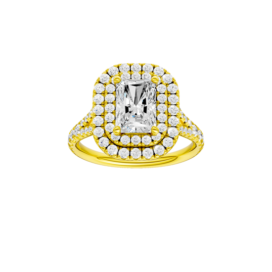 A front view of the Radiant cut diamond engagement ring in 14k yellow gold with a prong diamond band and split setting