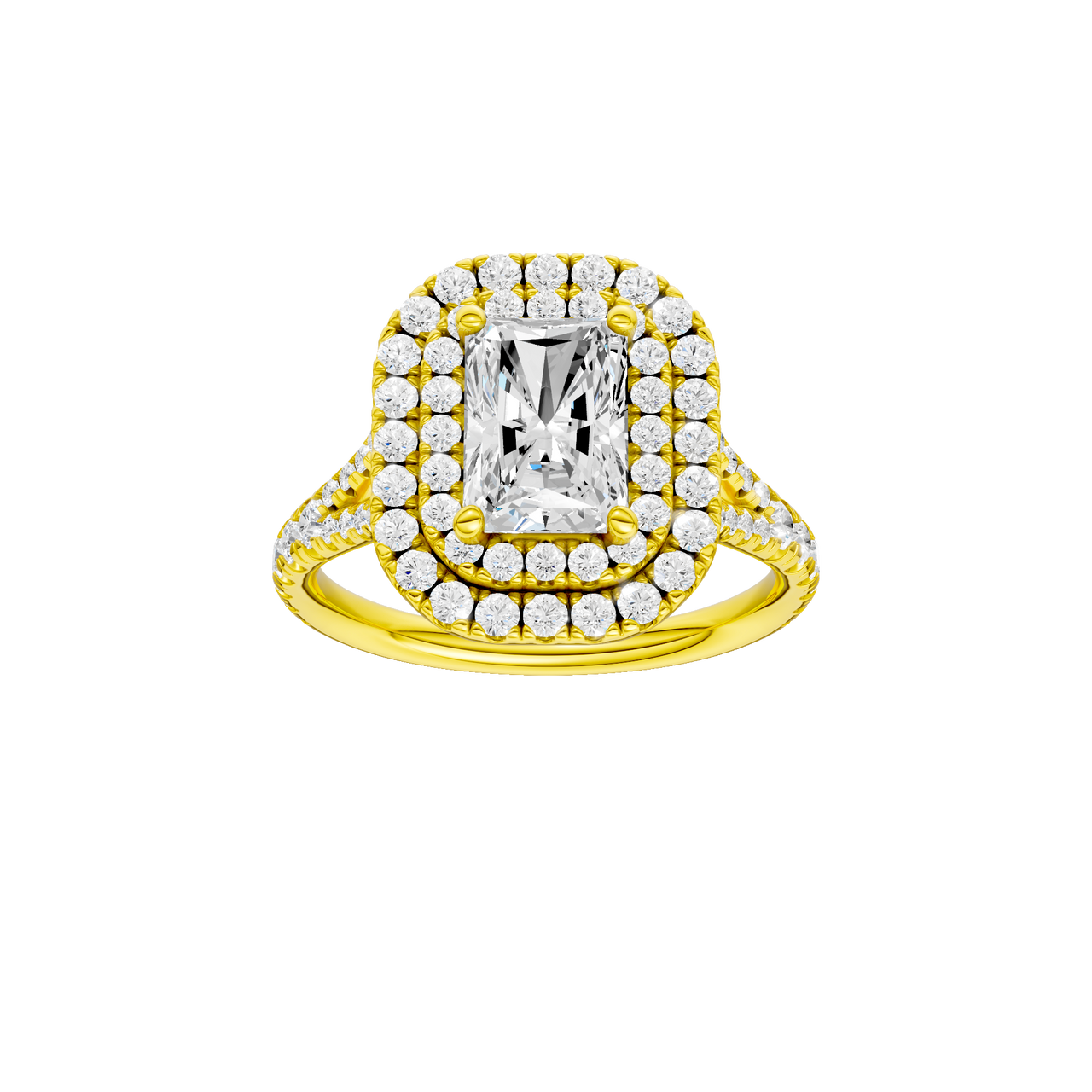 A front view of the Radiant cut diamond engagement ring in 14k yellow gold with a prong diamond band and split setting