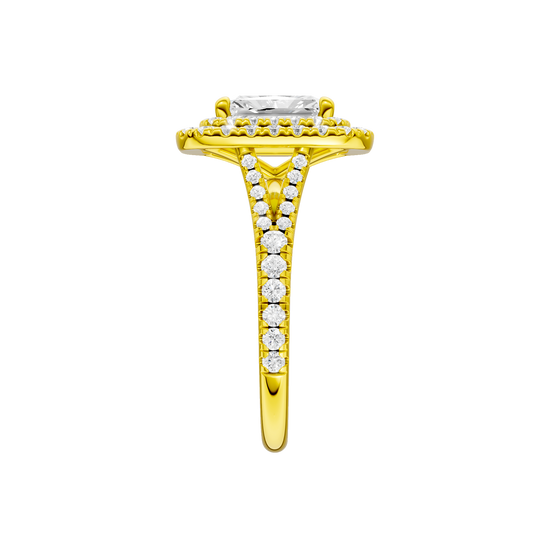 A side view of the Radiant cut diamond engagement ring in 14k yellow gold with a prong diamond band and split setting