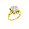 A three-quarter view of the Radiant cut diamond engagement ring in 14k yellow gold with a prong diamond band and split setting