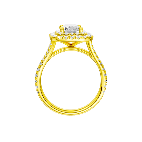 A front view of the Radiant cut diamond engagement ring in 14k yellow gold with a prong diamond band and split setting