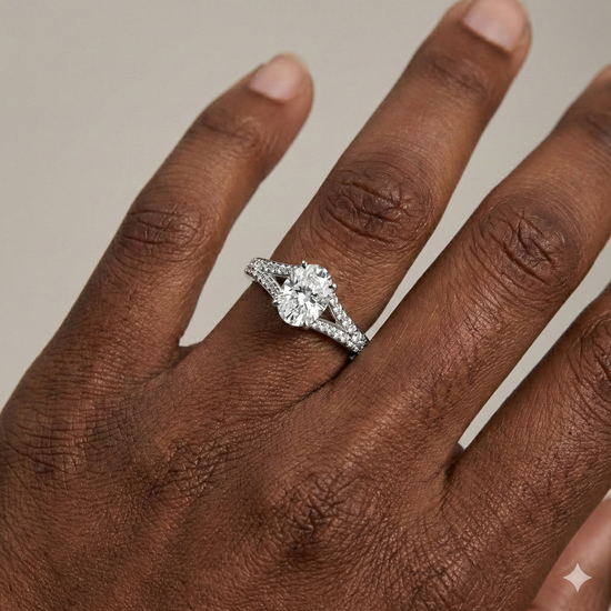 Elongated cushion cut diamond engagement ring in 14k white gold with a diamond channel band and split setting on a hand
