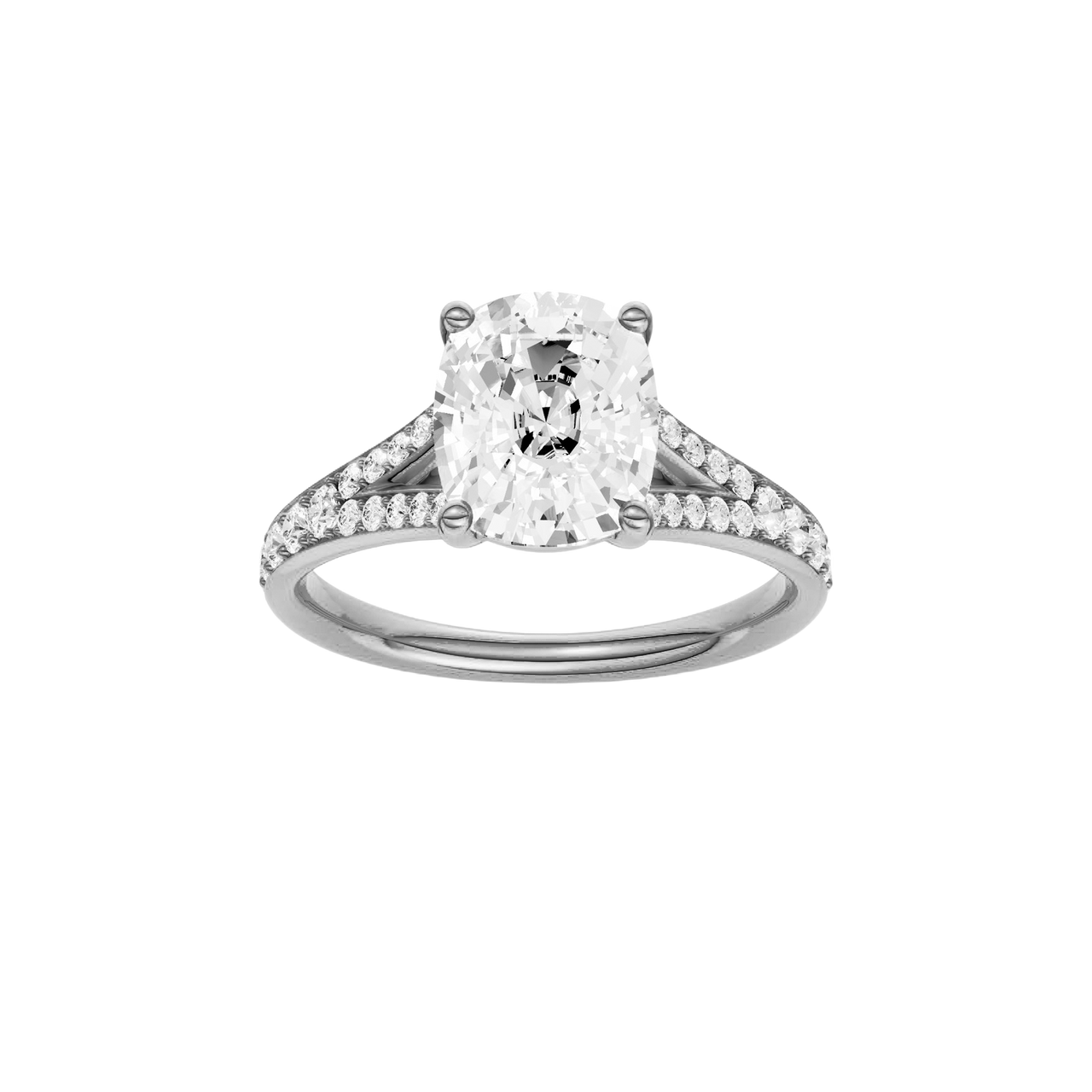 A front view of the Elongated cushion cut diamond engagement ring in 14k white gold with a diamond channel band and split setting