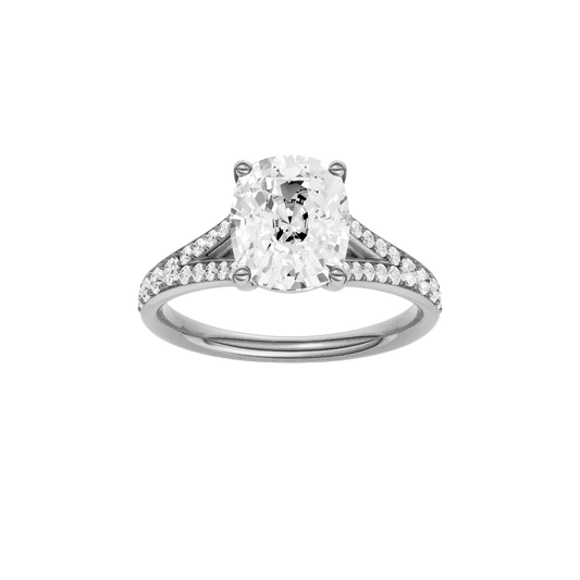 A front view of the Elongated cushion cut diamond engagement ring in 14k white gold with a diamond channel band and split setting