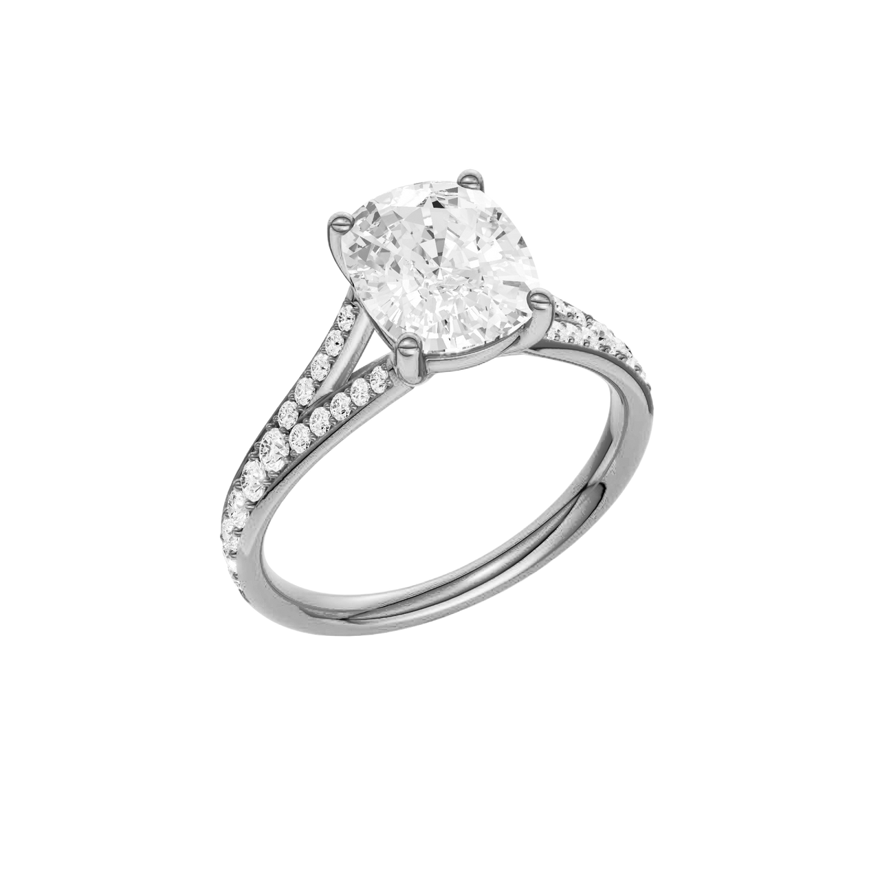 A three-quarter view of the Elongated cushion cut diamond engagement ring in platinum with a diamond channel band and split setting