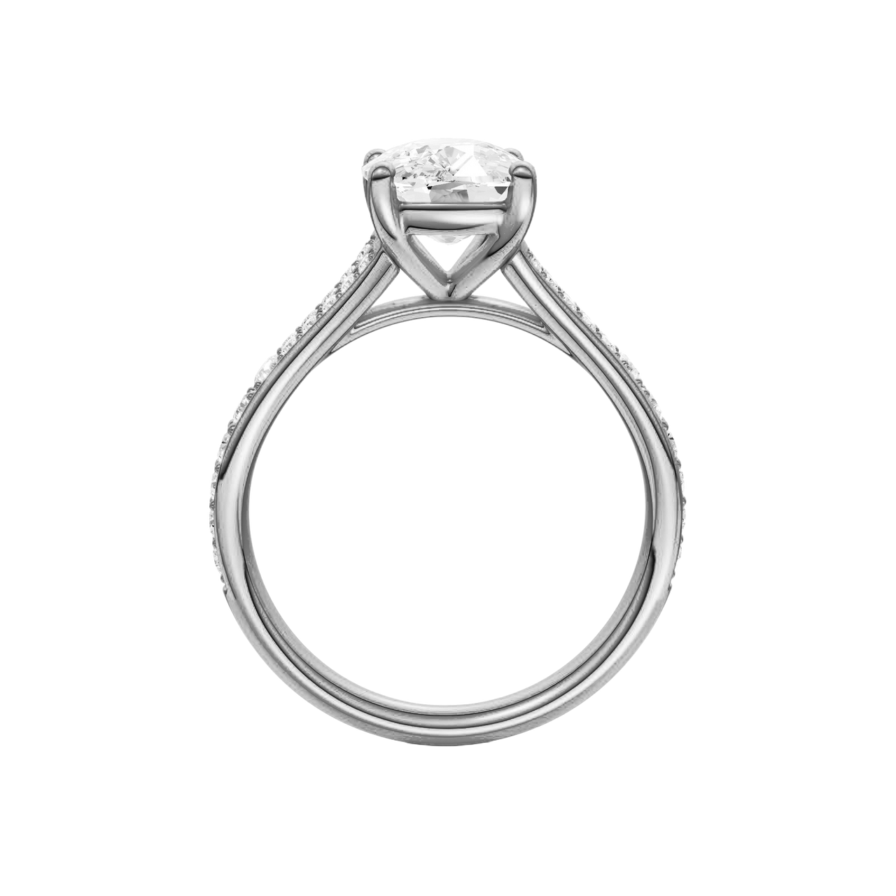 A profile view of the Elongated cushion cut diamond engagement ring in platinum with a diamond channel band and split setting