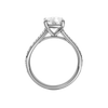 A profile view of the Elongated cushion cut diamond engagement ring in 14k white gold with a diamond channel band and split setting
