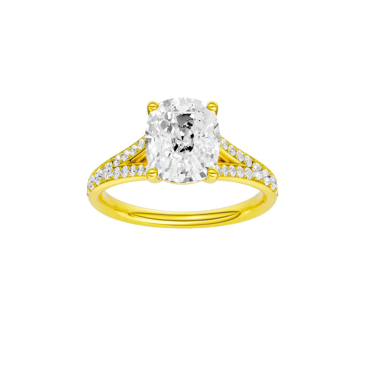 A front view of the Elongated cushion cut diamond engagement ring in 14k yellow gold with a diamond channel band and split setting