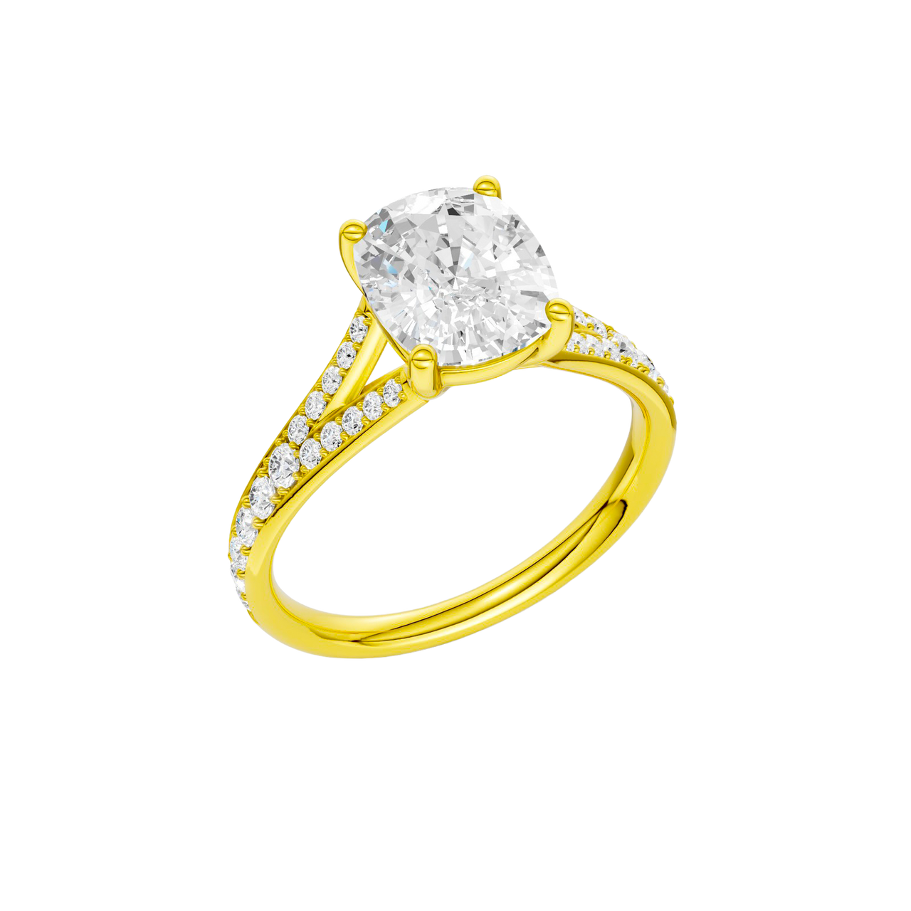 A three-quarter view of the Elongated cushion cut diamond engagement ring in 14k yellow gold with a diamond channel band and split setting