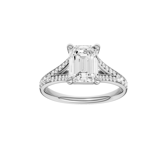 A front view of the Emerald cut diamond engagement ring in platinum with a diamond channel band and split setting