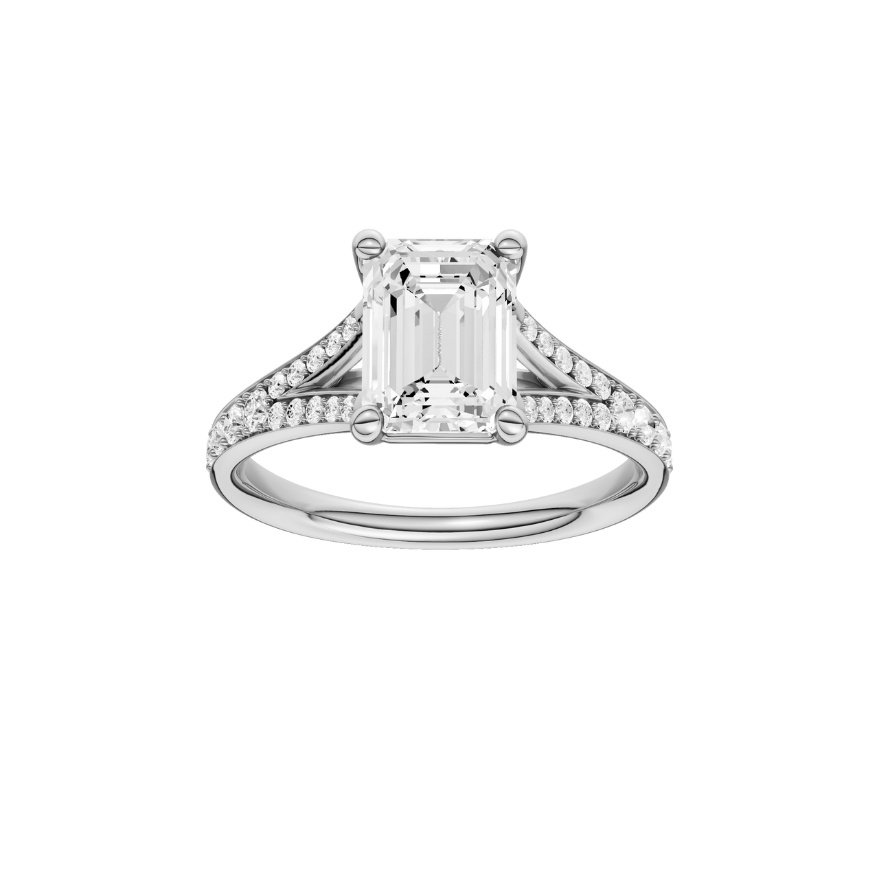 A front view of the Emerald cut diamond engagement ring in platinum with a diamond channel band and split setting