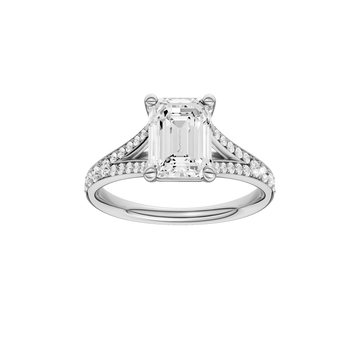 A front view of the Emerald cut diamond engagement ring in 14k white gold with a diamond channel band and split setting