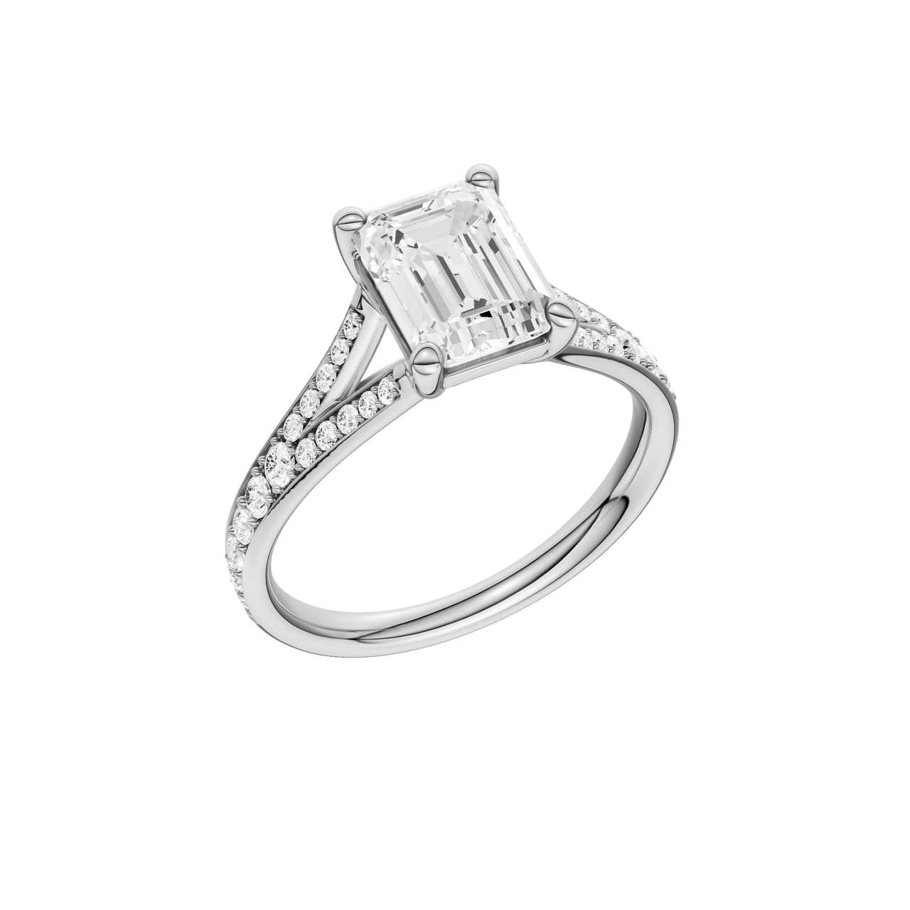 A three-quarter view of the Emerald cut diamond engagement ring in platinum with a diamond channel band and split setting