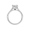 A profile view of the Emerald cut diamond engagement ring in platinum with a diamond channel band and split setting