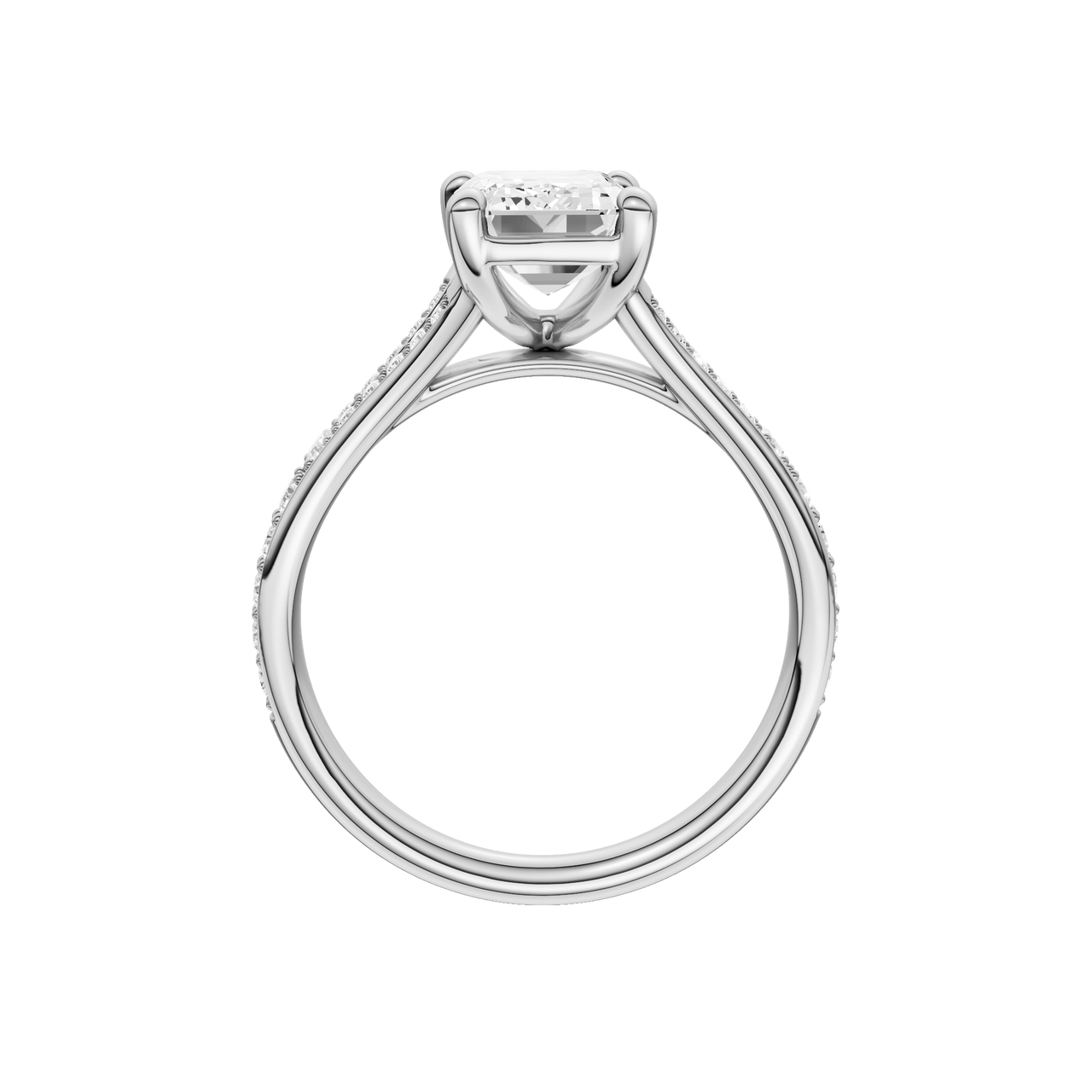 A profile view of the Emerald cut diamond engagement ring in 14k white gold with a diamond channel band and split setting