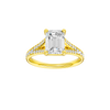 A front view of the Emerald cut diamond engagement ring in 14k yellow gold with a diamond channel band and split setting