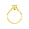 A profile view of the Emerald cut diamond engagement ring in 14k yellow gold with a diamond channel band and split setting