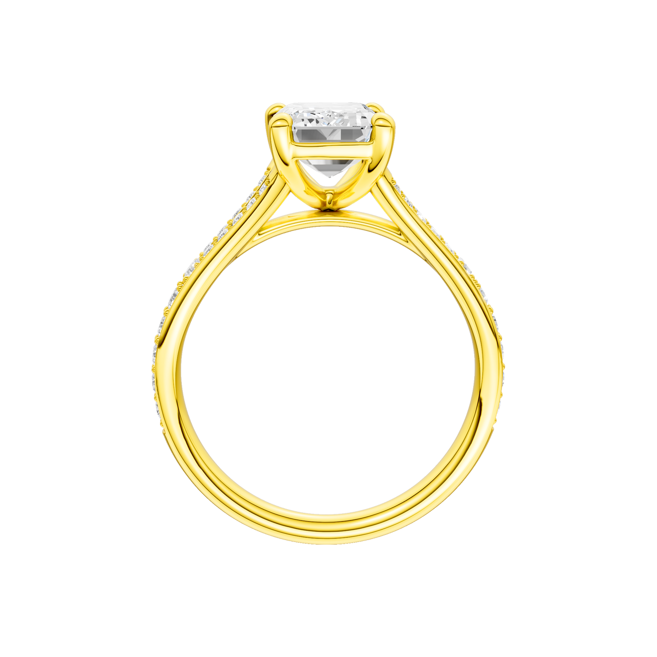 A profile view of the Emerald cut diamond engagement ring in 14k yellow gold with a diamond channel band and split setting