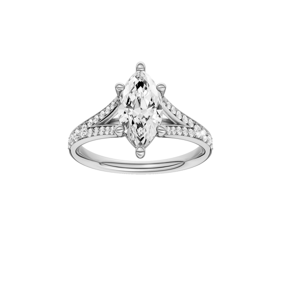 A front view of the Marquise cut diamond engagement ring in platinum with a diamond channel band and split setting