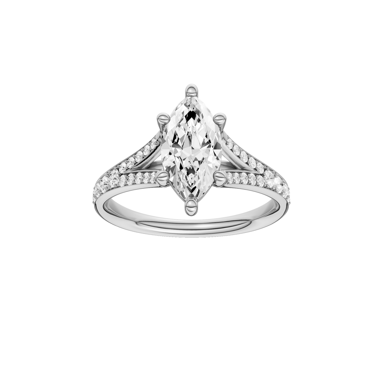 A front view of the Marquise cut diamond engagement ring in platinum with a diamond channel band and split setting