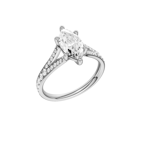 A three-quarter view of the Marquise cut diamond engagement ring in 14k white gold with a diamond channel band and split setting