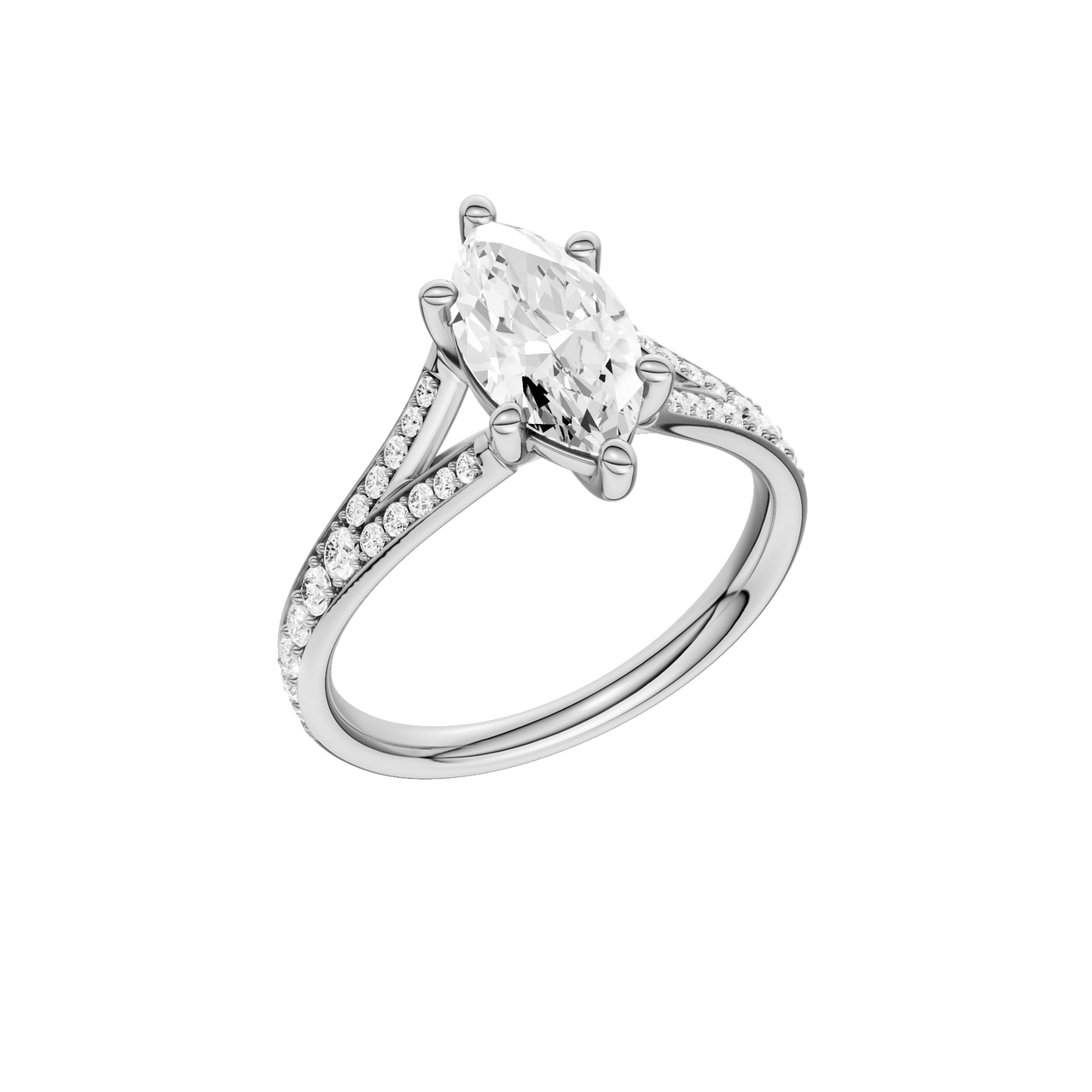 A three-quarter view of the Marquise cut diamond engagement ring in 14k white gold with a diamond channel band and split setting