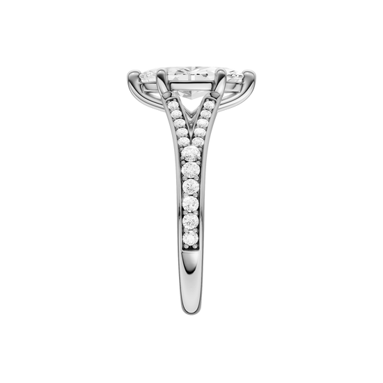 A side view of the Marquise cut diamond engagement ring in platinum with a diamond channel band and split setting