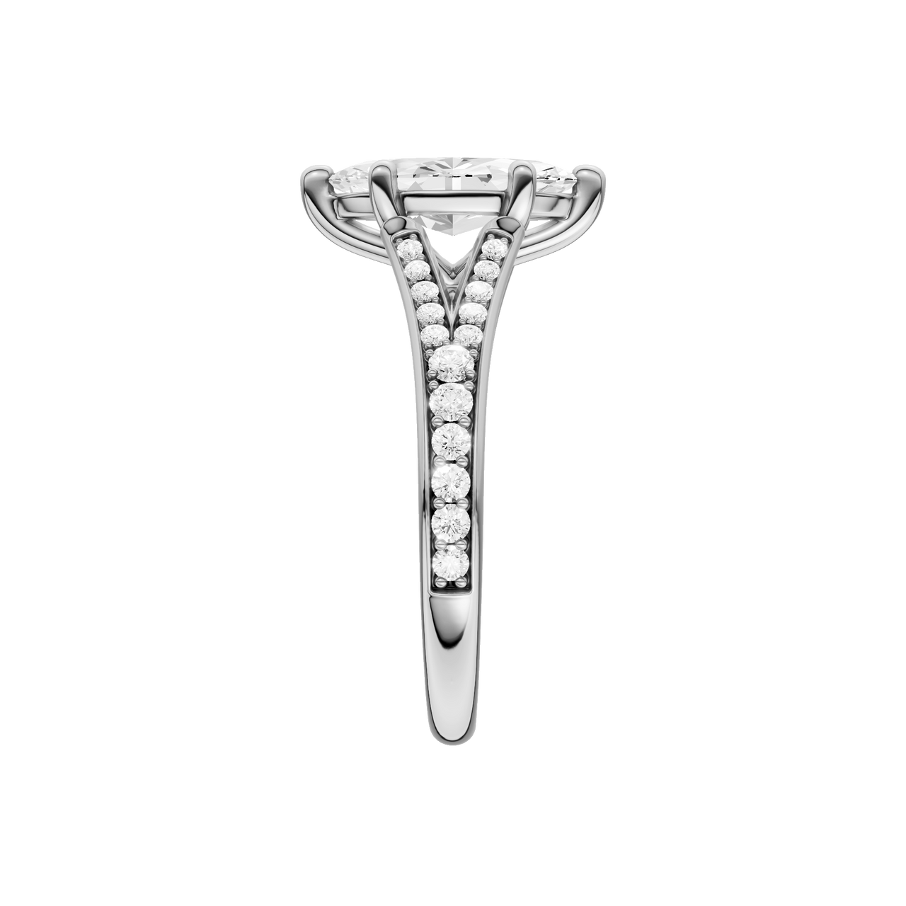 A side view of the Marquise cut diamond engagement ring in platinum with a diamond channel band and split setting