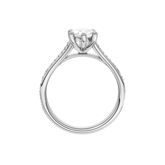 A profile view of the Marquise cut diamond engagement ring in platinum with a diamond channel band and split setting