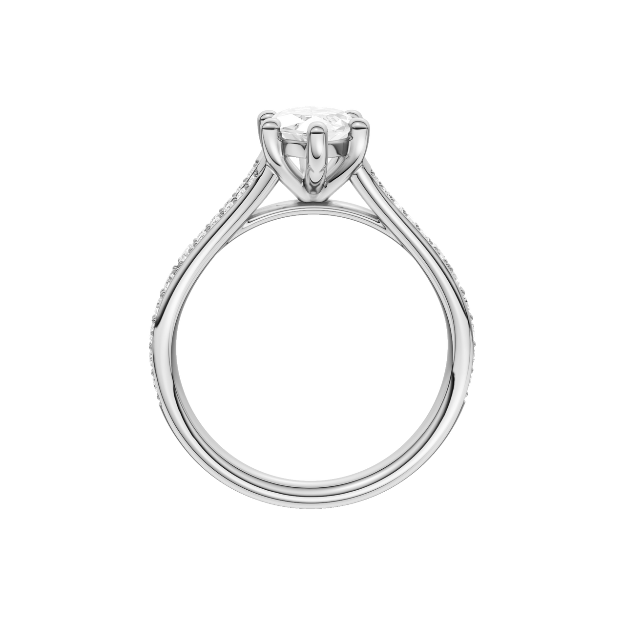 A profile view of the Marquise cut diamond engagement ring in platinum with a diamond channel band and split setting