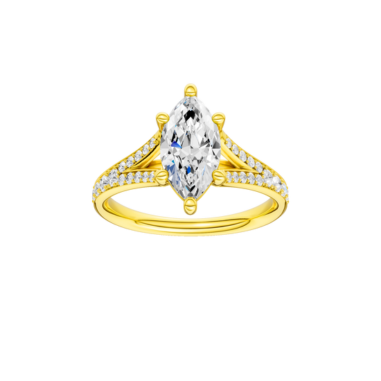 A front view of the Marquise cut diamond engagement ring in 14k yellow gold with a diamond channel band and split setting