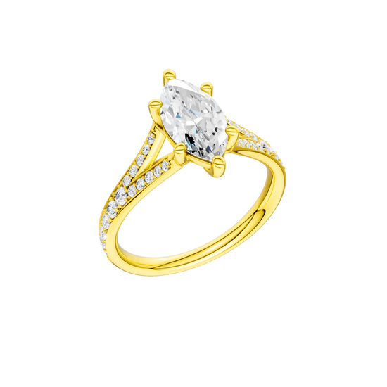 A three-quarter view of the Marquise cut diamond engagement ring in 14k yellow gold with a diamond channel band and split setting