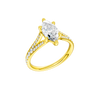 A three-quarter view of the Marquise cut diamond engagement ring in 14k yellow gold with a diamond channel band and split setting