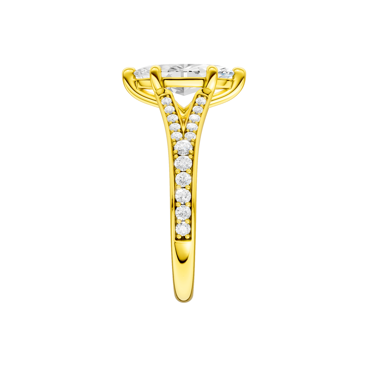 A side view of the Marquise cut diamond engagement ring in 14k yellow gold with a diamond channel band and split setting