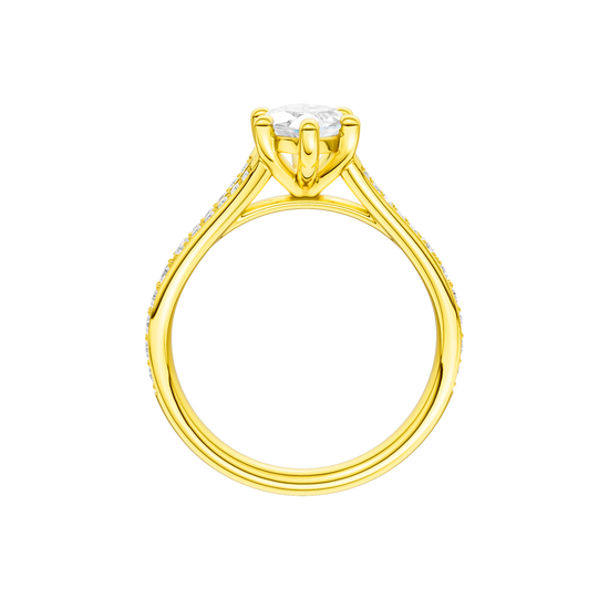 A profile view of the Marquise cut diamond engagement ring in 14k yellow gold with a diamond channel band and split setting