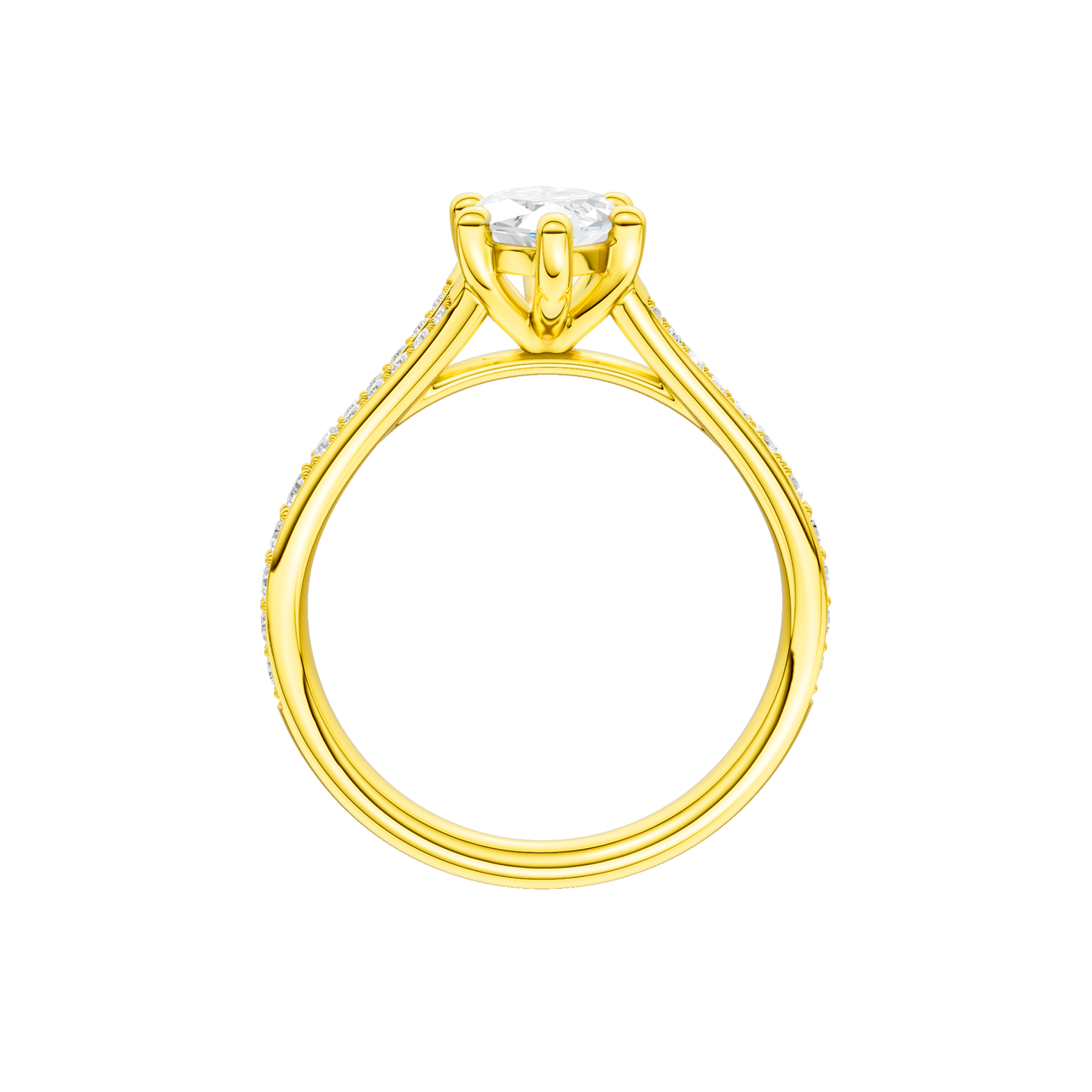 A profile view of the Marquise cut diamond engagement ring in 14k yellow gold with a diamond channel band and split setting