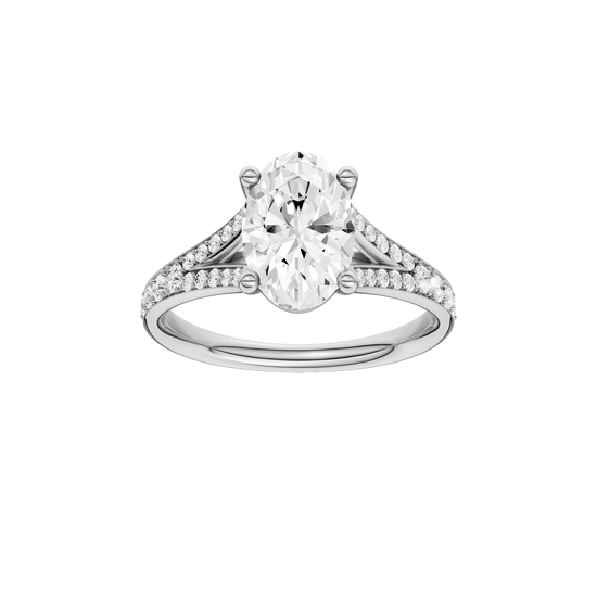 A front view of the Oval cut diamond engagement ring in 14k white gold with a diamond channel band and split setting