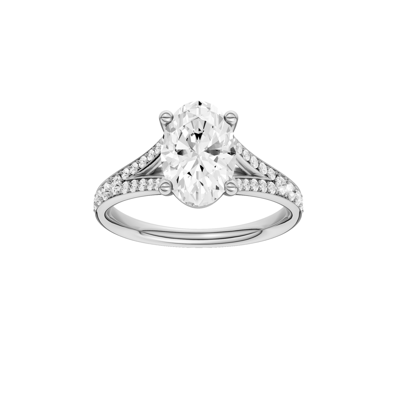 A front view of the Oval cut diamond engagement ring in 14k white gold with a diamond channel band and split setting