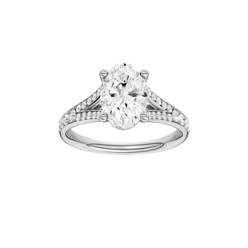 A front view of the Oval cut diamond engagement ring in 14k white gold with a diamond channel band and split setting