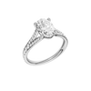 A three-quarter view of the Oval cut diamond engagement ring in platinum with a diamond channel band and split setting