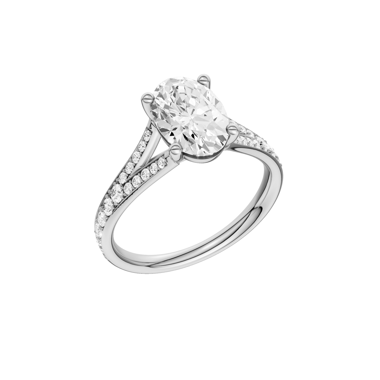 A three-quarter view of the Oval cut diamond engagement ring in platinum with a diamond channel band and split setting