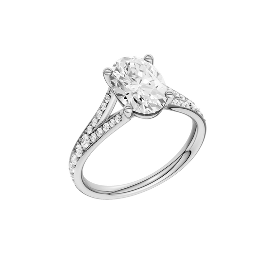 A three-quarter view of the Oval cut diamond engagement ring in 14k white gold with a diamond channel band and split setting